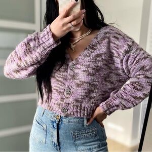 Wild Fable Purple Brown Marled Knit Rhinestone Button Front Cropped Sweater